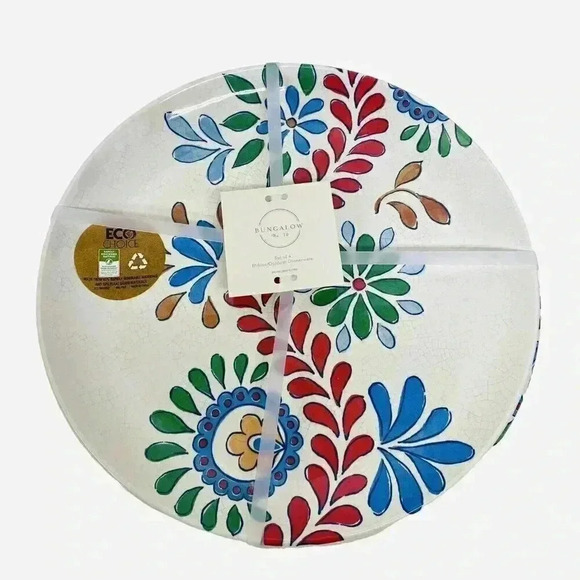 BUNGALOW Set of 4 Melamine 11" Dinner Plates Burgundy Floral Summer Table Decor - Picture 1 of 5